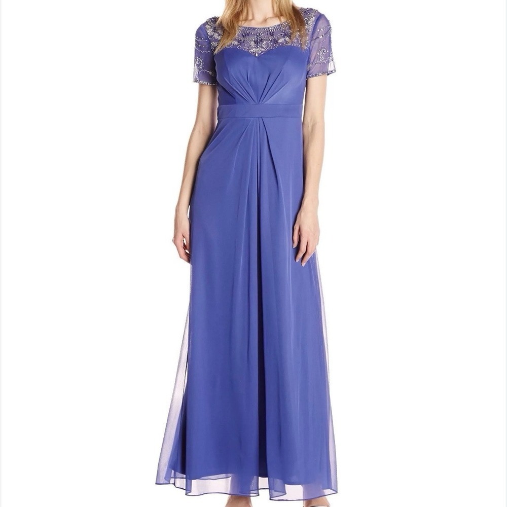 Alex Evenings Blue Beaded Illusion‎ Sweetheart Neck Empire Maxi Dress Size 10
